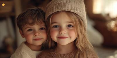 Children smiling together in cozy winter attire at home during the afternoon light photo