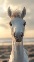 Majestic white horse stands gracefully by the beach during sunset, highlighting the calm ocean and soft clouds in the background photo