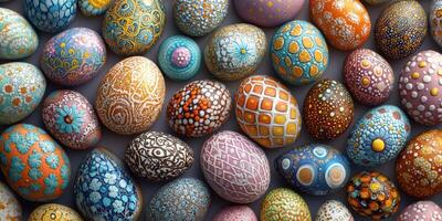 Colorful Easter eggs arranged beautifully for spring celebrations showcasing intricate designs and patterns photo