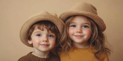 Children in cozy sweaters and hats pose together with cheerful expressions against a warm background photo