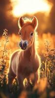 Cute foal standing in golden sunlight among tall grass and wildflowers at sunset in a serene countryside setting photo