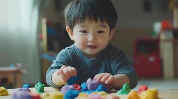 Child plays with colorful modeling clay indoors, showcasing creativity and joy during a playful afternoon photo