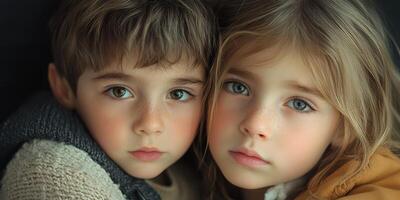 Close-up of two children sharing a moment of connection in a cozy environment during the afternoon photo