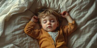 Toddler peacefully sleeping on a soft bed in a cozy room during daytime photo