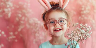 Smiling child with bunny ears holding flowers in a pastel setting during springtime celebration photo