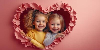 Two young girls smiling together in a heart-shaped window of pink paper, creating a joyful and playful atmosphere photo