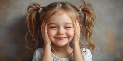 alegre niña con coletas sonrisas y cubre su cara con manos en un acogedor interior ajuste durante el tarde foto