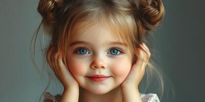 Sweet young girl with bright blue eyes and playful hairstyle smiling warmly in a soft, natural light setting photo