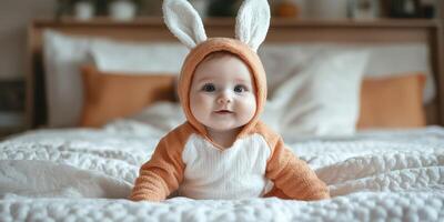 Cute baby in bunny costume sitting on cozy bed with white and orange decor in a soft afternoon light photo