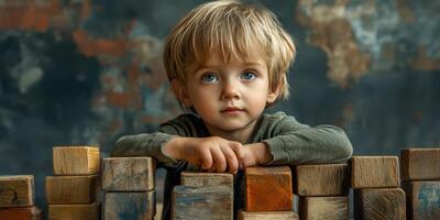 Young child engaged in play with colorful wooden building blocks in a creative indoor space photo