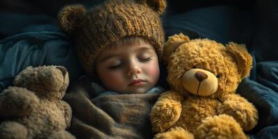 Child in cozy hat peacefully sleeping with teddy bears at home during evening photo
