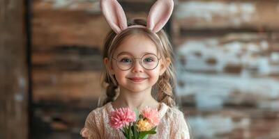 Young child with bunny ears and glasses holding colorful flowers indoors during spring festivities photo