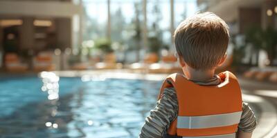 Child wearing a life jacket watches pool area in a brightly lit indoor water facility during daytime photo