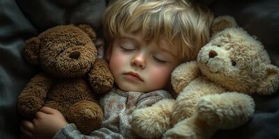 Sweet dreams of a young child nestled with teddy bears in cozy surroundings at bedtime photo