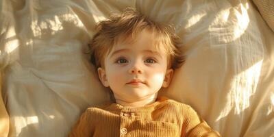 Cute toddler lounging on soft bedding in warm sunlight while observing surroundings with curious eyes photo
