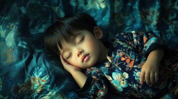 Sleeping child in a floral patterned garment on a vibrant blue fabric backdrop photo