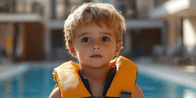 Young child with a life vest stands by the pool during sunny afternoon photo