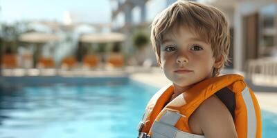 Young boy enjoying a sunny day by the pool wearing an orange life vest photo