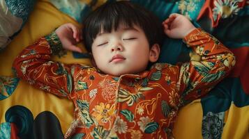 Child peacefully sleeping on colorful bedding in a cozy room during the afternoon photo