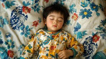 Sleeping toddler in colorful pajamas rests peacefully on floral bedding in a cozy bedroom setting photo