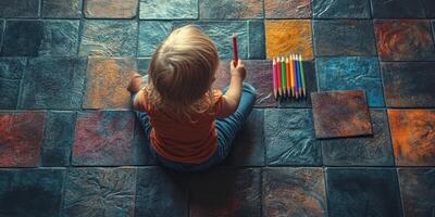 Young child uses colorful crayons to draw on textured floor tiles in a cozy indoor environment photo
