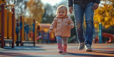 Young child in a shiny jacket enjoying a colorful playground on a sunny autumn afternoon photo