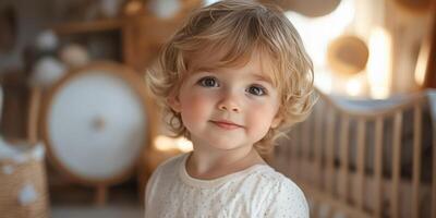 Sweet toddler with curly hair smiles warmly in cozy, softly lit room filled with handmade decor and natural textures photo