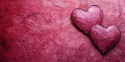 Two textured hearts on a deep red background create a romantic atmosphere for celebrations photo