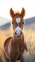 Young foal stands in golden grass under soft sunlight in a serene landscape photo