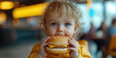 Child joyfully holds a large hamburger while seated in a vibrant restaurant during lunchtime photo