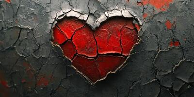 Cracked heart shape in vibrant red against a distressed black background creates an emotional visual impact photo