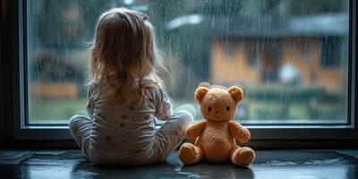 Child sitting by the window on a rainy day, watching raindrops fall while cuddling a teddy bear photo