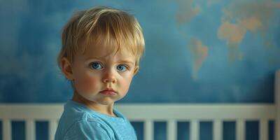 Young child gazes thoughtfully in a cozy nursery with world map backdrop during afternoon light photo