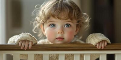 Curious toddler with curly hair gazes over a crib in a cozy indoor setting during daytime photo
