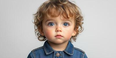 Curious toddler with curly hair and blue eyes gazes intently in a simple studio setting photo