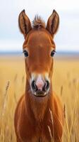 Young foal gazes curiously in a golden field under a cloudy sky during a serene afternoon photo