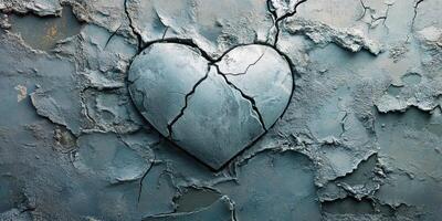 Cracked heart shape embedded in weathered concrete wall showcasing love and resilience in urban art photo