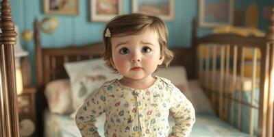 Young child with curious expression standing in cozy bedroom decorated with colorful posters and furniture photo