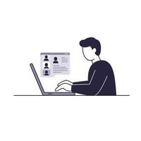 A man is using a laptop with a social network icon vector