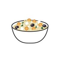 A bowl of pasta with olives and cheese in it vector
