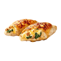 Two chicken bread with cheese and spinach on top png