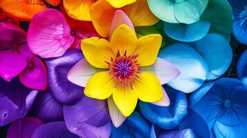 Vibrant multi-colored flower arrangement showcasing a beautiful blend of colors and petals, creating a stunning visual display. photo