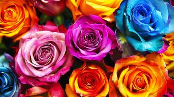 Vibrant multicolored roses in full bloom showcasing a beautiful array of colors and perfect for any floral or nature-themed project. photo
