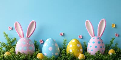 Colorful Easter eggs decorated with patterns and bunny ears amidst green grass and flowers on a bright blue background photo