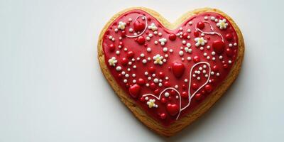Large heart-shaped cookie with vibrant red icing and decorative details for a special celebration photo