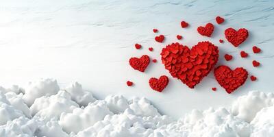 Creative display of red hearts arranged artistically with a soft background of clouds and pastel skies photo