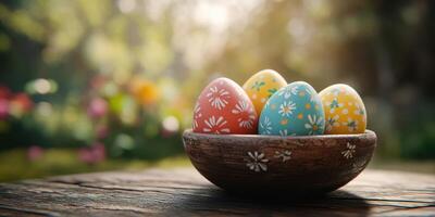 Colorful Easter eggs displayed in a rustic bowl surrounded by a vibrant garden setting during springtime photo