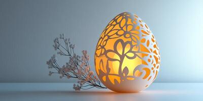 Decorative floral egg lamp with warm light illuminating intricate patterns beside delicate flowers photo