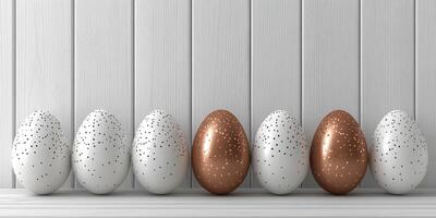 Elegant display of decorative eggs on a wooden shelf, showcasing a mix of colors and patterns for festive celebrations photo