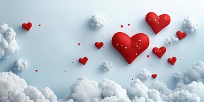 Colorful red hearts floating among fluffy white clouds in a serene sky setting photo